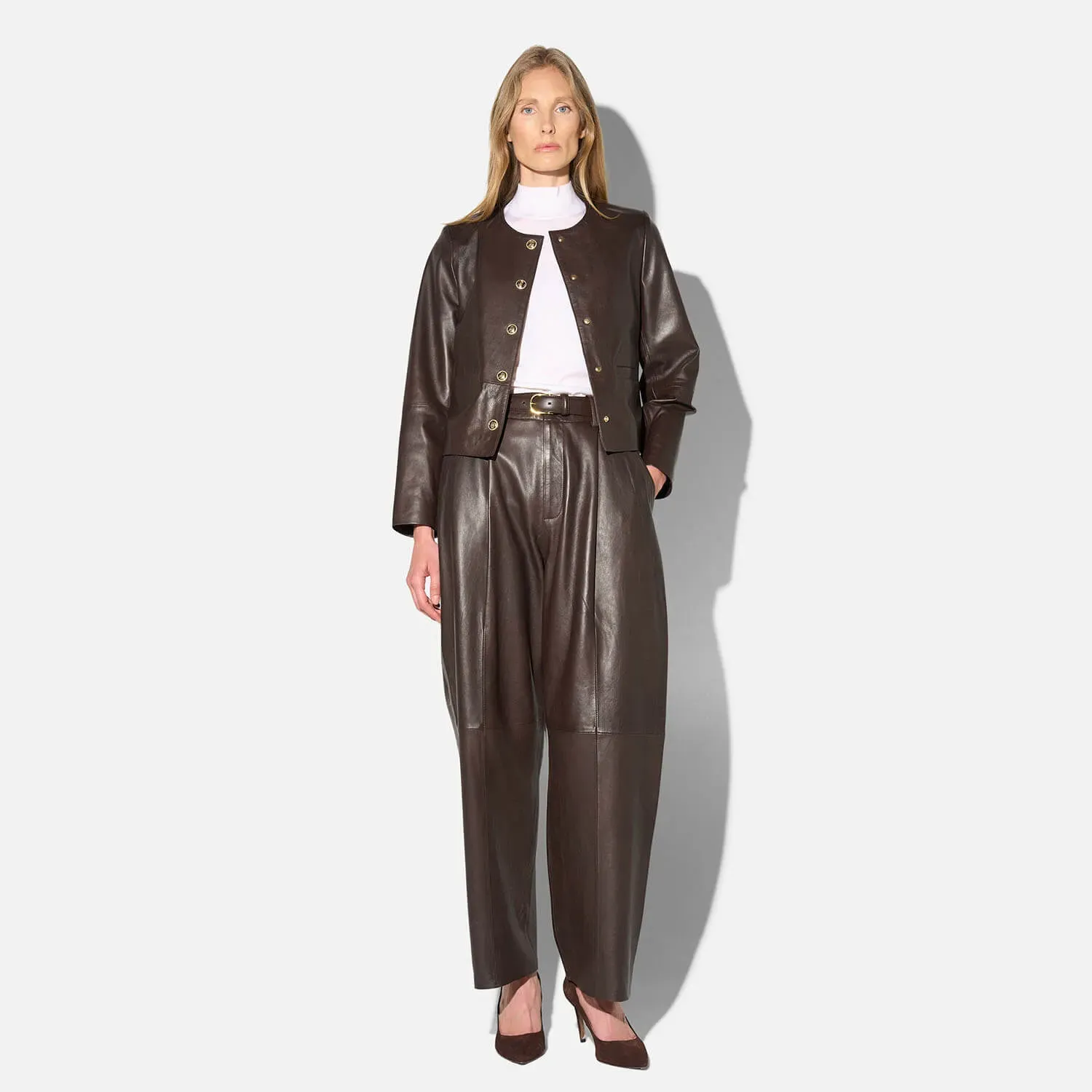 Leren Dames Broek Steekzakken Barrel Balti Bruin